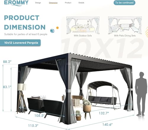EROMMY Louvered Pergola 10x12, Outdoor Aluminum Pergola with Adjustable Rainproof Roof for Garden, Patio, Deck, Waterproof Curtains and Netting Included, Gray-Black image 22