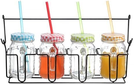 Zeesline Set of 4 16oz Clear Glass Mason Jars Mugs with Handles, Colored Gingham Lids and Straws, Including Caddy Holder with a Handle, Home & Party Drinkware Set, Blue Red Green Yellow Drinking Jars by Zeesline