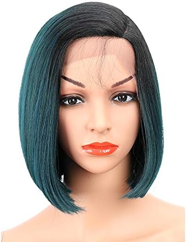 Eliza Short Bob Wigs L Part Lace Front Wigs with Baby Hair Heat Resistant Synthetic Wigs For Black Women Half Hand Tied 130% Density Ombre Blonde Wigs with Dark Roots(Ombre Green)