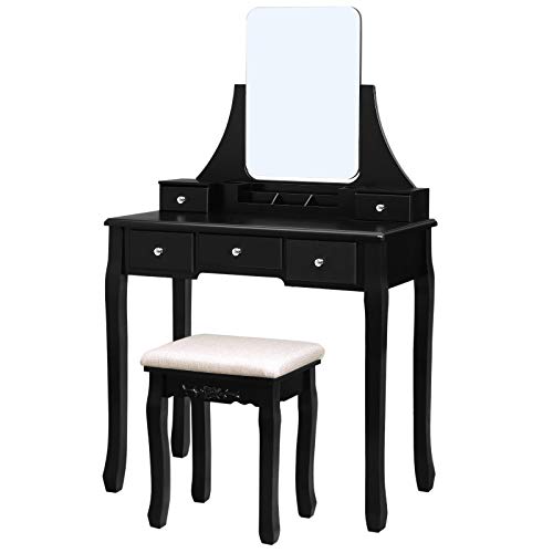 VASAGLE Vanity Table Set with Large Frameless Mirror, Makeup Dressing Table Set for Bedroom, Bathroom, 5 Drawers and 1 Removable Storage Box, Cushioned Stool, Black URDT25BK