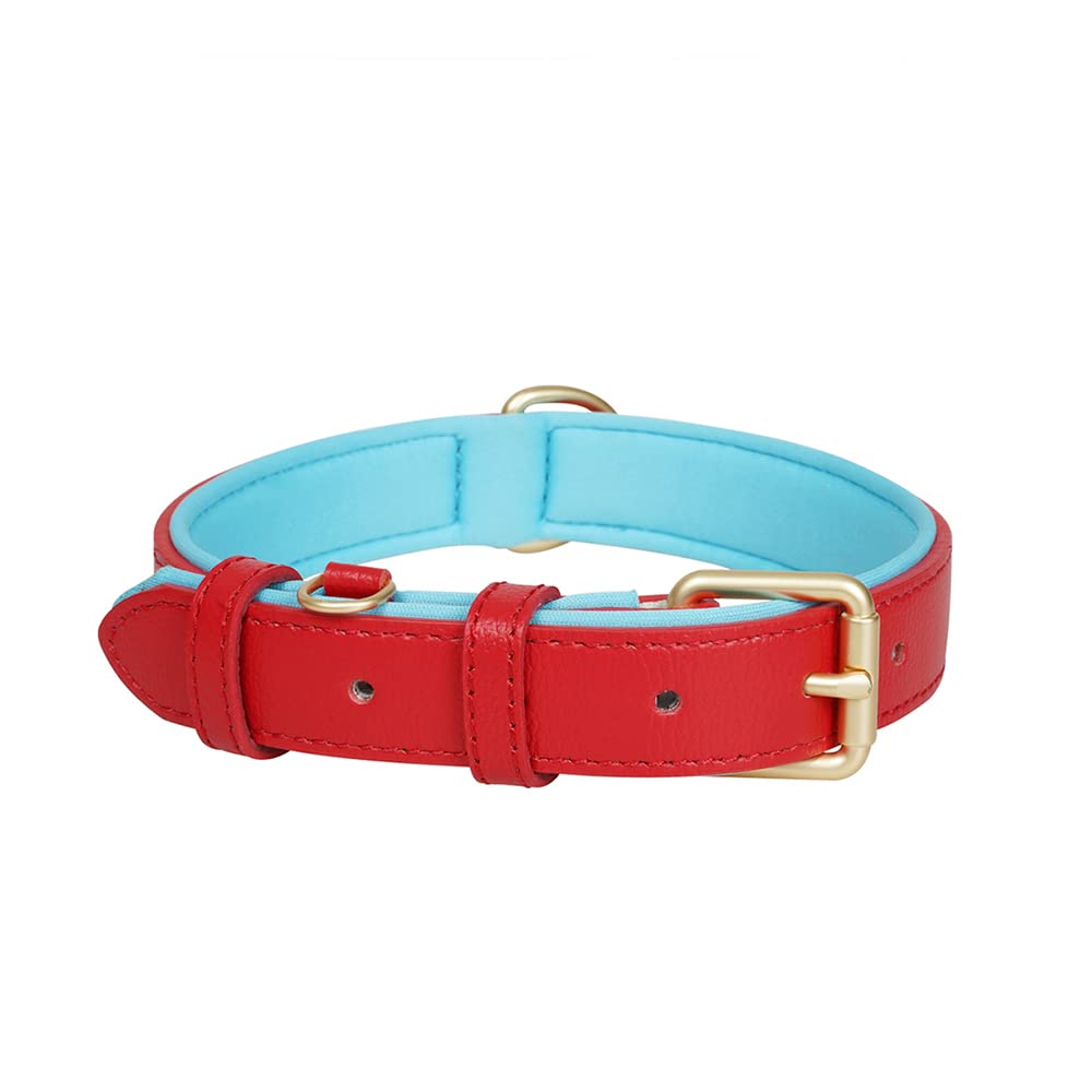 Ohmywor Red Leather Dog Collar, Classic Genuine Leather Soft Dog Collars with Padded Heavy Duty Buckle Adjustable for Small Medium Large Pet Dogs, 3.0cm x65cm(L)