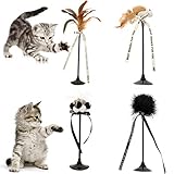 BINGPET Interactive Cat Teaser Wands with Suction Cup and Bell 4 Pcs Cat Feather, Mouse Toys