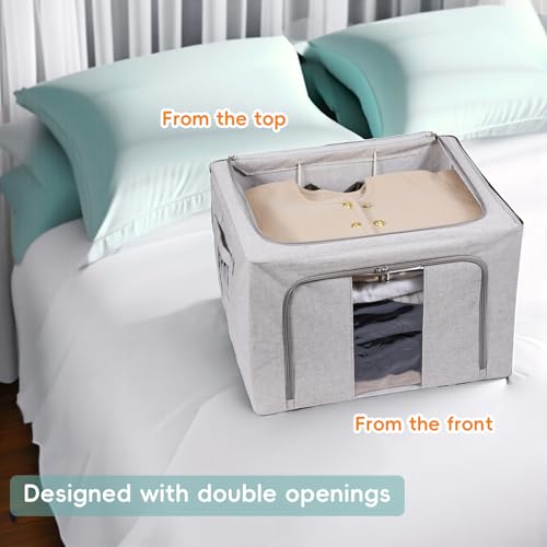 Ymlike 2 Pack Clothes Organizer Box Storage, Foldable Metal Frame Clothing Storing Bins with Double Visable Window, Large Capacity Cloth Container with Reinforced Handles, (66 L, Grey)