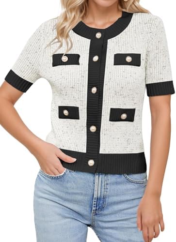 Women's Short Sleeve Knit Tops Contrast Color Pearl Button Round