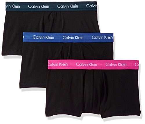 Calvin Klein Men's Cotton Stretch 3 Pack Low Rise Trunks, Black/Rosy/Submerge/Pure Cerulean, Large