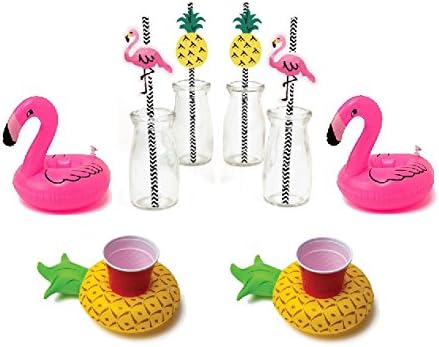 Taygate Pool Float Flamingo Drink Holder Inflatable Pineapple Coasters with the Same Design Decorative Straws (Set of 8 ) - Great for Pool parties, Bath time and Decoration