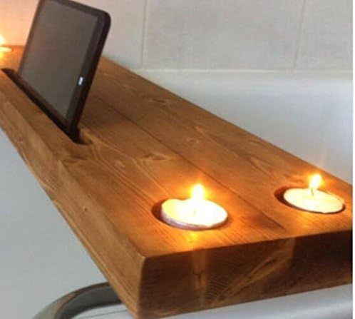 handmade wooden bath tray with candle and tablet holders
