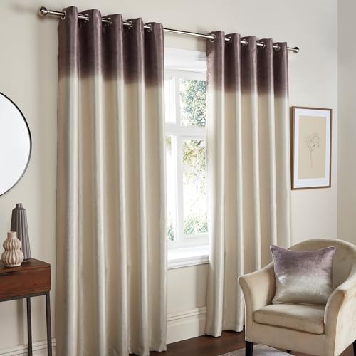 Fusion - Chocolate Brown Ombre Curtains W90 x L90 (229 x 229cm) - 2 Panels - Two Tone Gradient Eyelet Drapes - Luxury Shimmer for Bedroom/Living Room