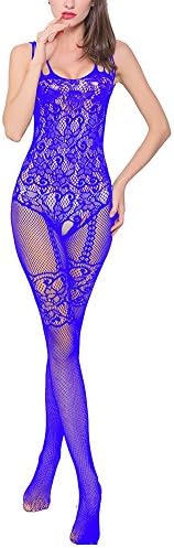 Aomtelove Sexy Women Lace Lingerie Teddy Stretch Fishnet Floral Crotchless Bodystockings Babydoll Open Crotch Tights Bodysuits Blue
