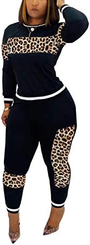 Women's Casual 2 Piece Outfit Leopard Print Long Sleeve Pullover Tops Bodycon Pants Joggers Set Tracksuit