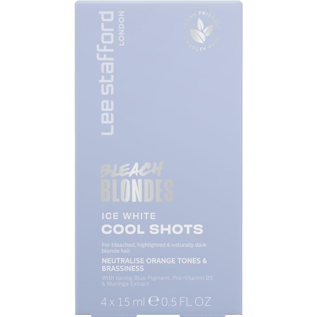 Lee Stafford Blue Toner Hair Treatments | Bleach Blondes Ice White Hot Shots - Color Depositing Treatments, Corrects Brassy & Orange/Yellow Tones, Great for Highlighted, Cool Hair, 4 x 15ml Doses
