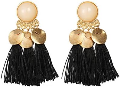 Clearance! Women's Tassel Fringe Hoop Earrings Long Drop Earrings Statement Jewelry with Crystal Button Stud, Bohemian 7 Colors