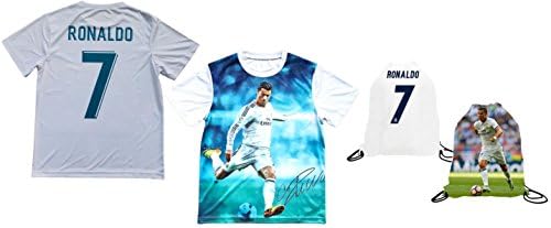 Ronaldo Jersey Style T-shirt Kids Cristiano Ronaldo Jersey Picture T-shirt Gift Set Youth Sizes ✓ Premium Quality ✓ Lighteight Breathable ✓ Soccer Backpack Gift Packaging