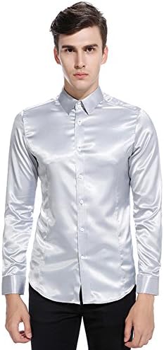 DAOGUAN Mens Metallic Casual Fashion Nightclub Styles Long Sleeves Button Down Dress Shirts (US X-Large (Tag Size XXL), Gray)