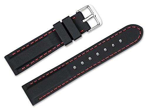24mm Replacement Rubber Watch Band - Silicone Rubber - Black w/red stitching Watch Strap