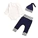 OUTGLE Newborn Baby Boy Little Brother Romper + Blue Stripe Trousers + Hat Clothing Set Autumn Outfits (0-6 Months)