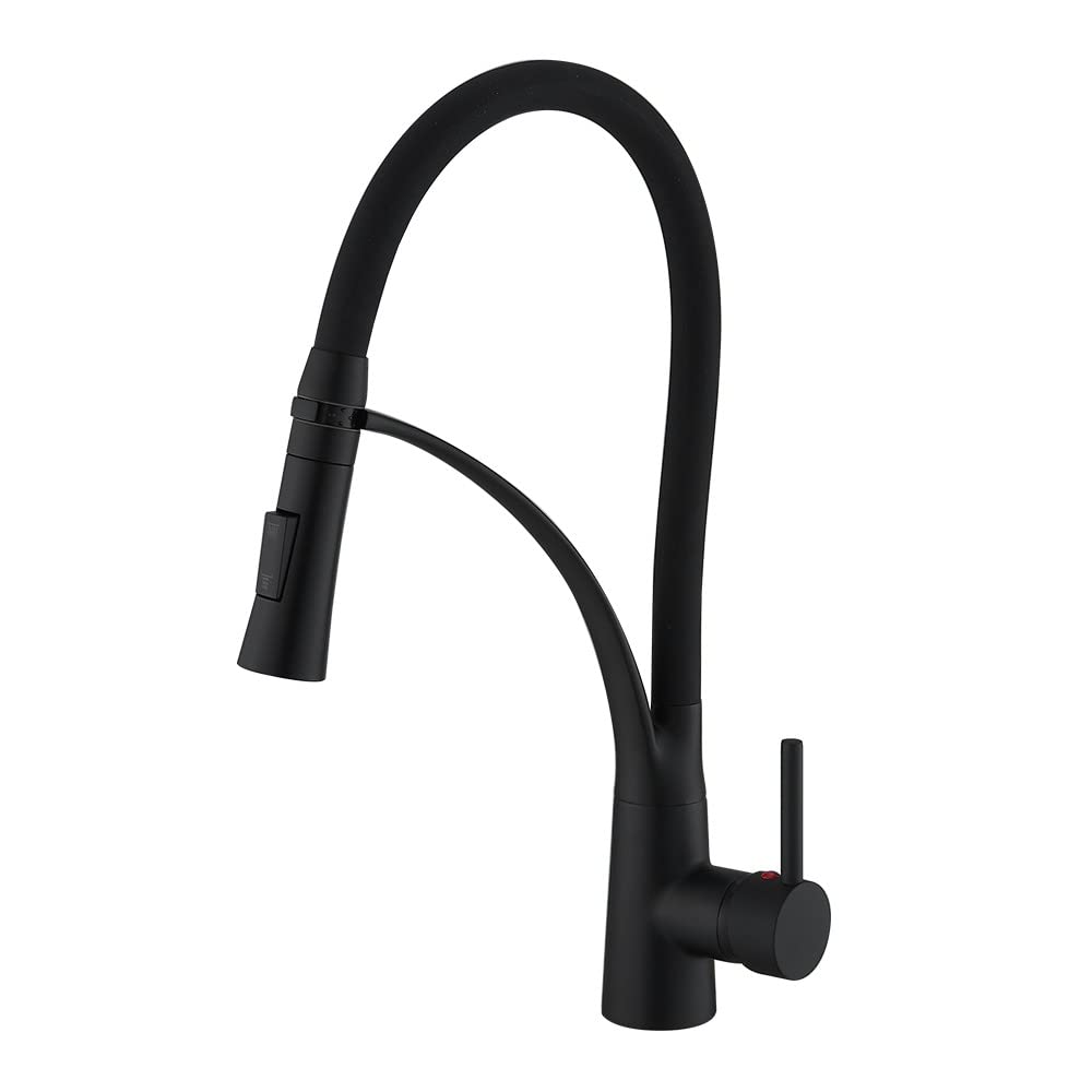 Heable Matte Black Pull Down Kitchen Sink Mixer Tap with Dual Function Sprayer, Single Lever Swivel Spout Kitchen Taps with Black Silicone Hose