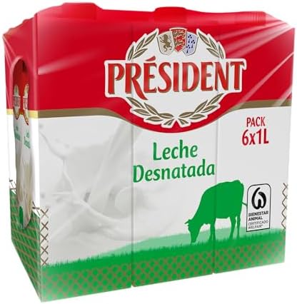 - Leche Président Desnatada, Leche Natural de Galicia, Fuente de Calcio y Proteínas, Sin Gluten, Bienestar Animal, Pack 6 x 1 L