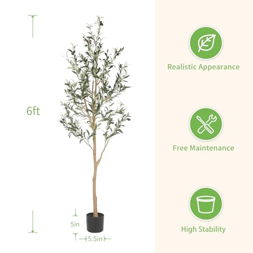 Realead 6ft Artificial Olive Tree, Tall Faux Olive Tree Plants, Fake Potted Olive Silk Tree with Branches and Fruits, Artificial Trees for Modern Home Office Living Room Floor Decor Indoor (72in)