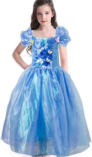 Gotu Palace Princess Costume Cinderella Dress Party Lace Butterfly Dress Adventure Outfit (5-6 years old, Blue)