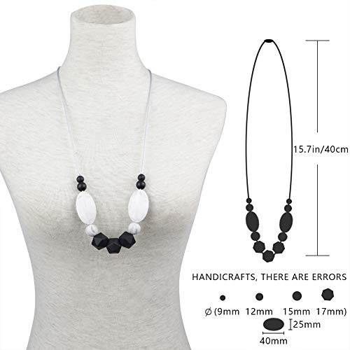 TUXEPOC Nursing Necklace for mom to wear Silicone Feeding teether Safe chew Beads for Babies Necklace bpa Teething Baby Calm Necklace (Black and White)