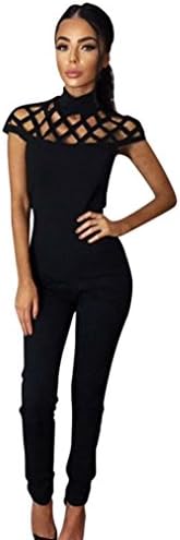 EKIMI Women's Choker High Neck Caged Sleeve Playsuits Long Jumpsuits Rompers (M, Black)