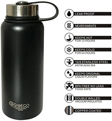 GreEco Double Wall Vacuum Flask, Insulated 18/8 Stainless Steel Water Bottle, Hydration Bottle, 32 OZ, Midnight Black