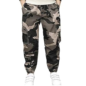 Katoenen broek voor jongens en meisjes, lange camouflagebroek met zijzakken, elastisch, camouflage, joggingbroek, taille…