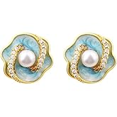 Elegant 18k Gold Plated Enamel Flower and Pearl Camellia Zircon Stud Earrings with 925 Silver Post – Luxurious Floral Design for Women