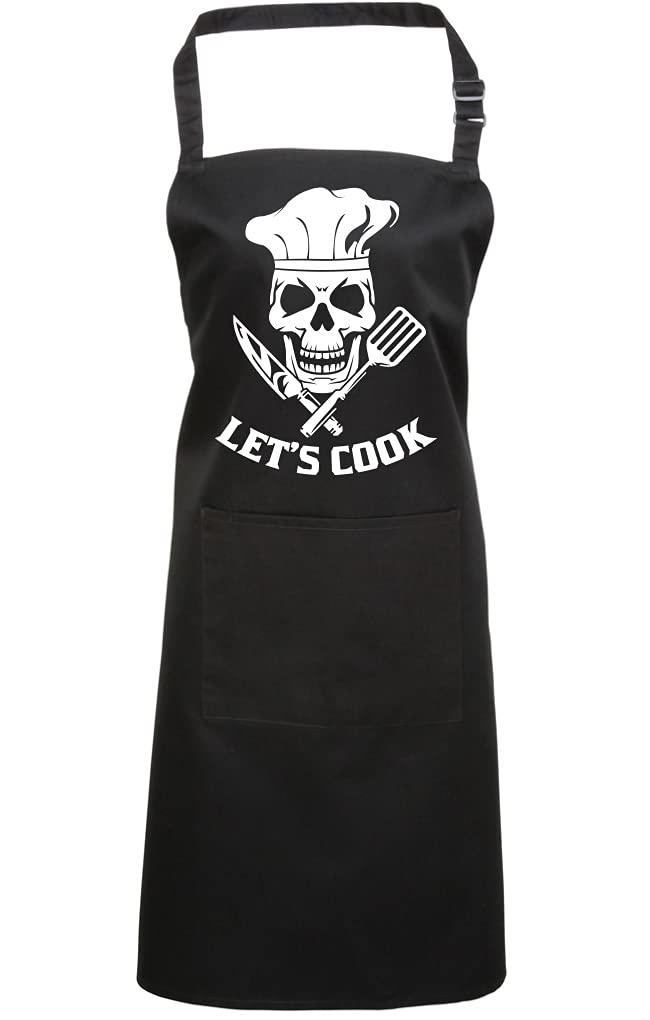 HotScamp Skull Lets Cook Apron - BBQ Chef Cooking Barbecue Smoking Meat Kitchen Grilling Men Apron Black