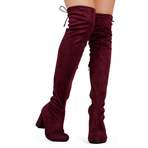 RF ROOM OF FASHION Women's Medium Calf Over The Knee Chunky Heel Stretch Boots Burgundy Size.6.5 - Thumbnail 2