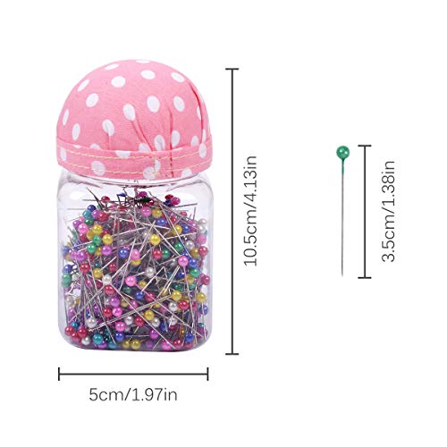 eZAKKA 500pcs Sewing Pins 38mm Multicolor Ball Head Pins Quilting Pins in Plastic Storage Jar Containers with Pin Cushion Lid for Dressmaking Jewelry Components Flower Decoration (Pink)