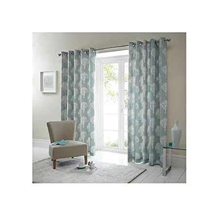Forest Trees Duck Egg Blue White 90x90 Ring Top Lined Curtains