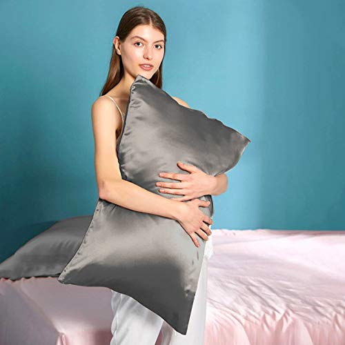Muama 2 Pack Silk Satin Pillowcases for Hair and Skin, Cool, Soft and Breathable Envelope Closure Pillow Cases Cover【Standard（20x26 Deep Grey】