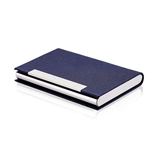 Business Card Holder, AHGXG Professional Leather Business Card Case Metal Name Card Holder Slim Stainless Steel With Magnetic Shut, Hold 20 Business Cards For Men&Women, Blue