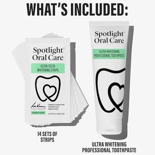 Spotlight Oral Care Teeth Whitening Strips – 28 Strips + Toothpaste (14-Day Treatment),Ultra Whitening Strips, Sensitive Teeth & Enamel Safe, Made by Dentists Hydrogen Peroxide Teeth Brightening Kit