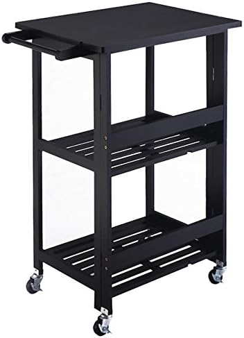 Black Foldable Rolling Kitchen Cart With Casters Kitchen Island Utility Serving Dining Portable Trolley 3 Storage Shelves Brakes Guarantee Cart Durable Wooden Construction