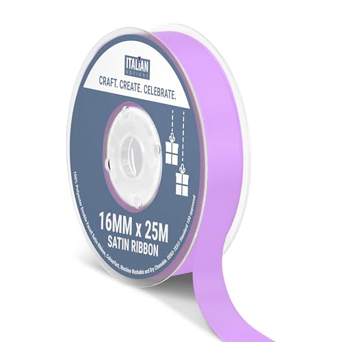 Italian Options Satin Ribbon, Fabric Ribbons for Gift Wrapping, Crafting, Balloons, Wedding Car, Presents, Cake, Christmas, Birthday, Gift Wrap Accessories, 16mm Wide x 25 Metre Roll, Lilac