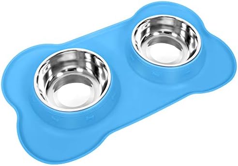 Dog Cat Bowls Stainless Steel Double Dog Food and Water Bowls with No-Spill No-Skid Silicone Mat, Pet Feeder Bowls Small Puppy Bowl for Small Dogs Cats