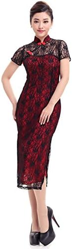 Angcoco Womens Sexy Lace See Through China Traditional Slit Side Cheongsam Dress