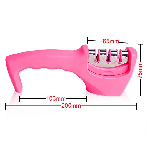 LetGoShop Kitchen Knife Sharpener for Straight and Serrated Knives, 3 Stage Diamond Coated Sharpening Wheel System, Pinkâ€¦