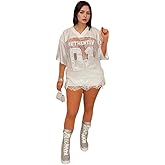 IMXPW Lace Jersey Shirts for Women Number Print Cute Summer Tops Casual Sheer Short Sleeve Oversized Tshirts Streetwear