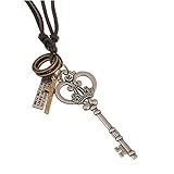 Gyand Vintage Retro Crown Key Cross Crown Pendant Charm Necklace Black Leather Chain Cord Adjustable Necklace 18'' to 32'' (Black)