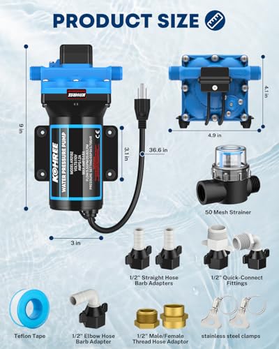 Kohree 110V AC Water Pressure Pump, 5.5GPM 55 PSI, On Demand Self-Priming RV Fresh Water Pump, 4-Chamber Diaphragm Pump with Pressure Switch and Strainer for RV, Marine, Garden, Kitchen, Bathroom