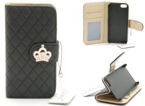 ZZYBIA® IP5 QC Black Leatherette Stand Case Card Holder Wallet with Screen Cleaning Pad for Apple Iphone 5 5s