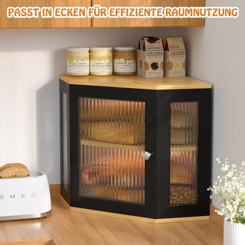 Exabang Corner Bamboo Bread Bin Bread Storage Box with 2 Levels, Wooden Bread Container Bread Storage Food Safe Easy Care Bread Box 32 x 32 x 35 cm
