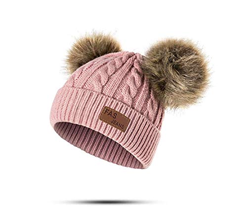 Infant Toddler Beanie Woolen Hat Pure Color Winter Twist Double Pom Pom Wool Knitted Cap for 0-3 Years Old (D- Pink, 0-3 Years Old) - Thumbnail 2