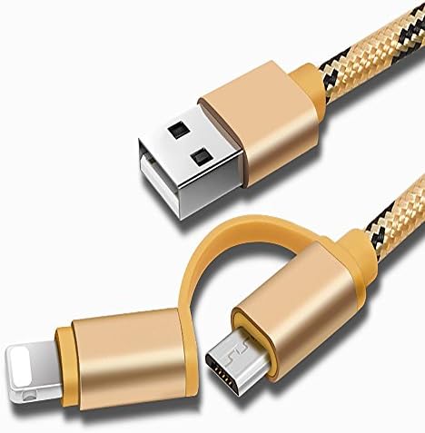 2 in 1 Lightning and Micro USB Cable (3.3ft) Nylon Braid Syncing and Chargering Cable for iPhone 7 6S 6 Plus/5S, iPad /iPod, Android Samsung, HTC, LG and More (Gold)