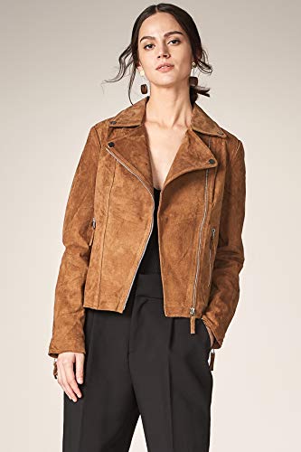 Escalier Women's Genuine Leather Jacket Suede Moto Biker Coat Coffee L - Thumbnail 3