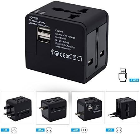 Travel Adapter - Gipow Travel Charger Worldwide All in One Universal Travel Adapter and Wall Charger，Converters Wall AC Power Plug Adapter with Dual USB Charging Ports for USA/EU/UK/AUS (Black)